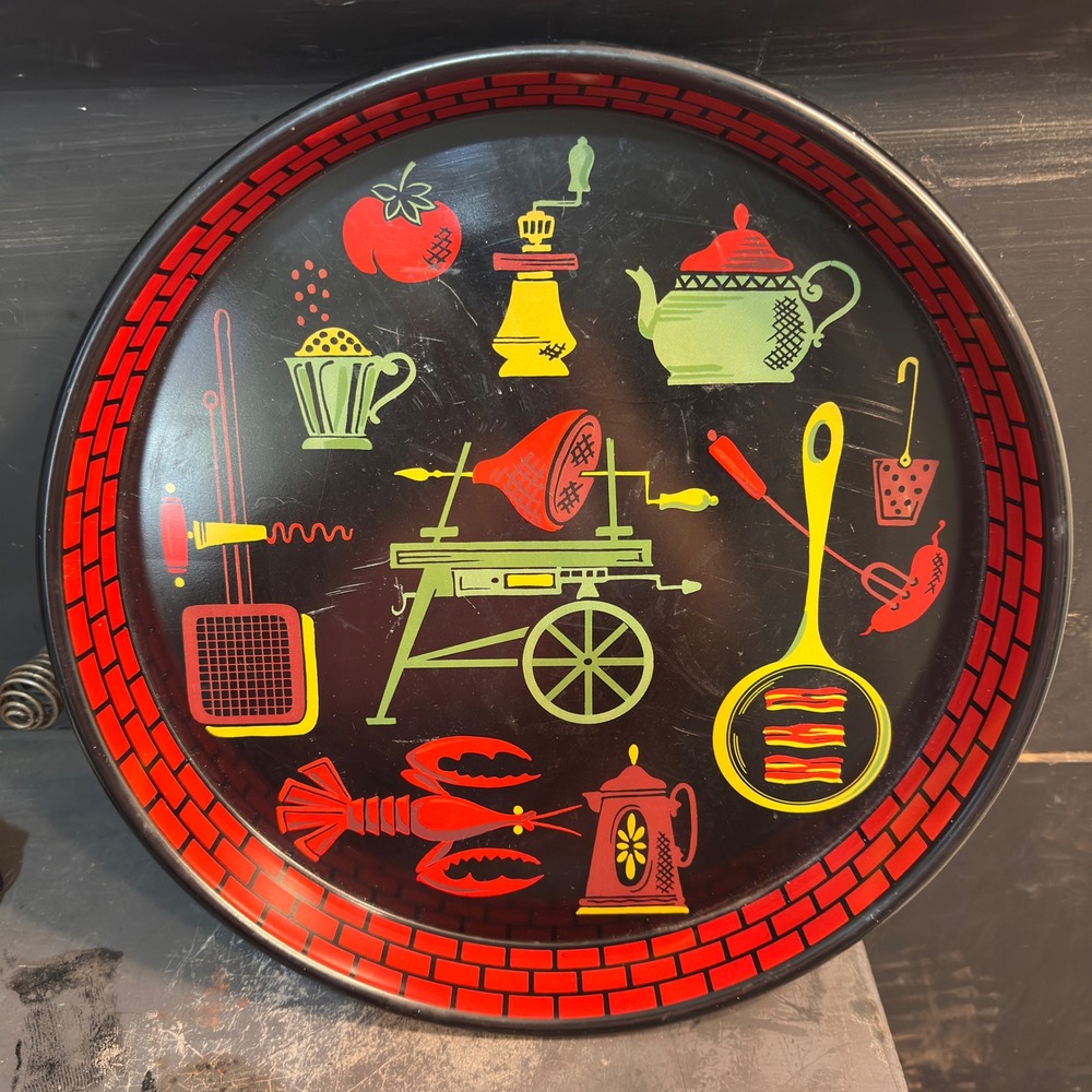 Vintage Tin Litho Tray MCM 1950s BBQ Cookout Lobster Kitsch Black Red Metal 13in